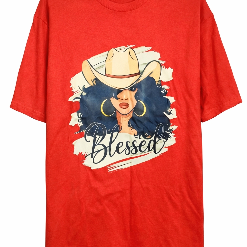 Red "Blessed" Graphic Tee with Cowgirl Illustration